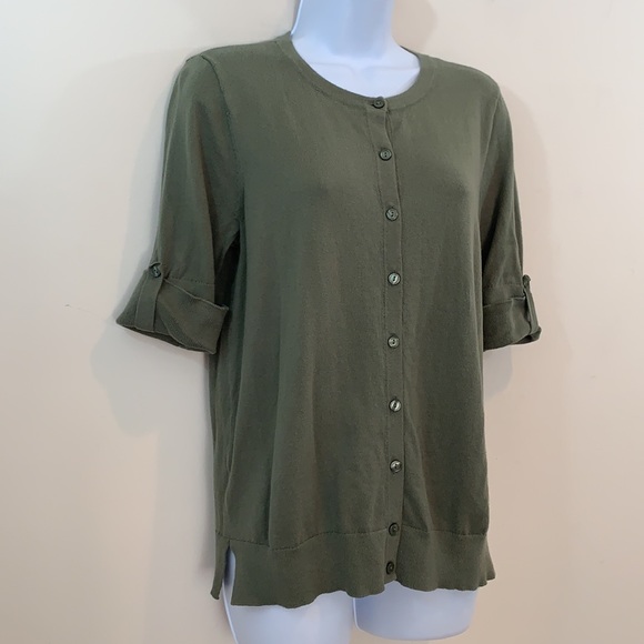 LOFT Rolled Cuff Short Sleeve Button Up Sweater - Picture 4 of 6
